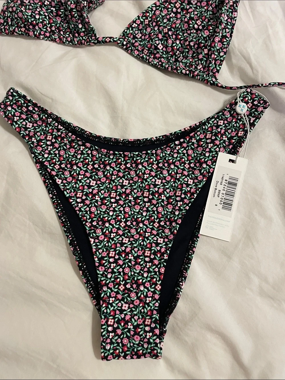 Frankie's Bikinis Triangle Top with Pink & Green Floral Print and Dove Bottom